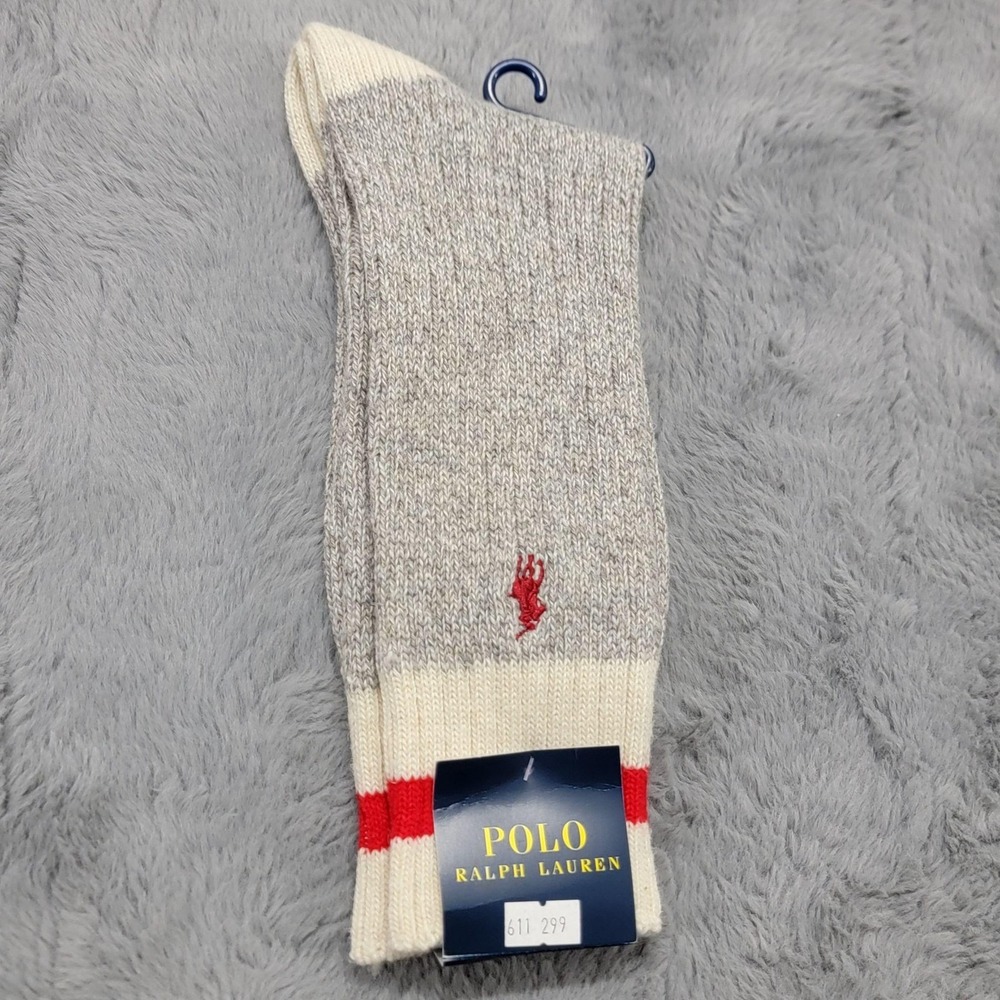 Polo Ralph Lauren Ragg Wool Boot Socks Mens 10-13 Gray Red Stripe Pony Mid Calf